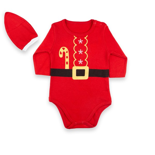 Vipbebe Noel Baba Kemeri Baskılı Kırmız Yılbaşı Şapkalı Bebek Çıçıtlı Body